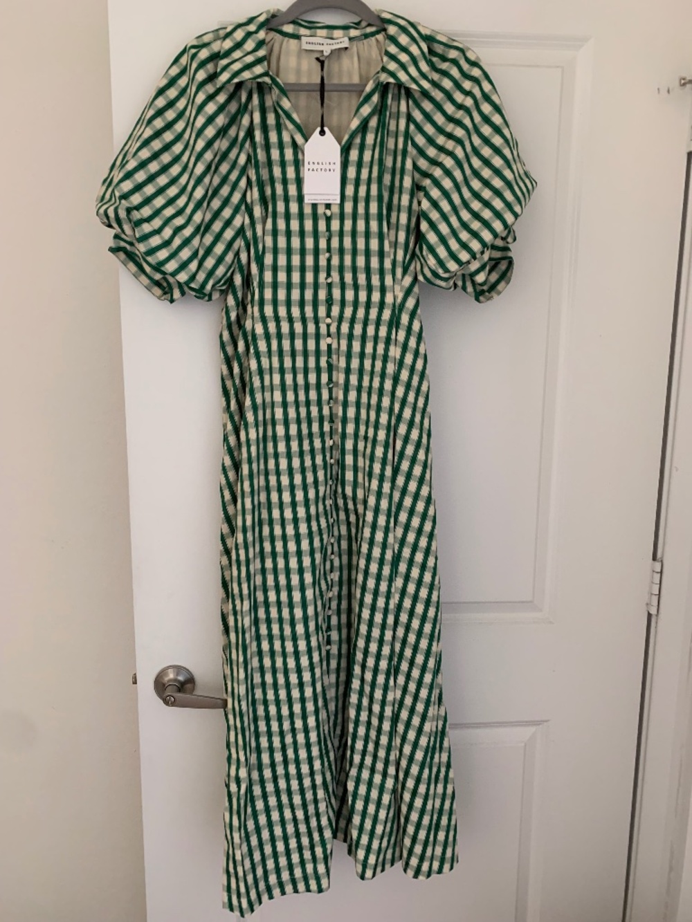 English Factory Green Gingham Puff Sleeve Midi Shirtdress NWT, Size L (8 to 10)